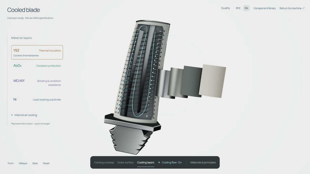 Cooled blade model with internal cooling passages and separated coating layers