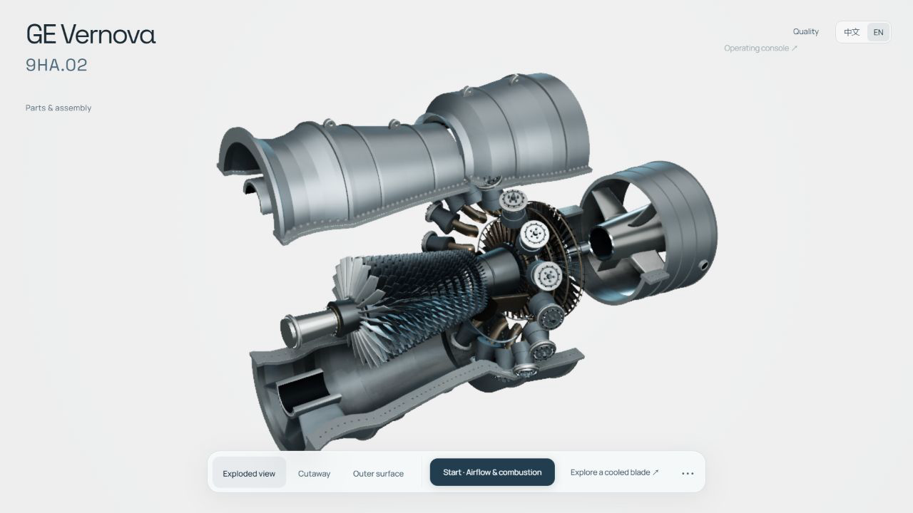 Exploded gas turbine assembly on a light studio background, built in Three.js